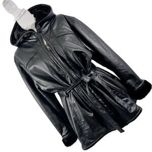 STUNNING BLACK GENUINE LEATHER HOODIE, BELTED WAIST, PLUSH LINED COAT! SZ XL
